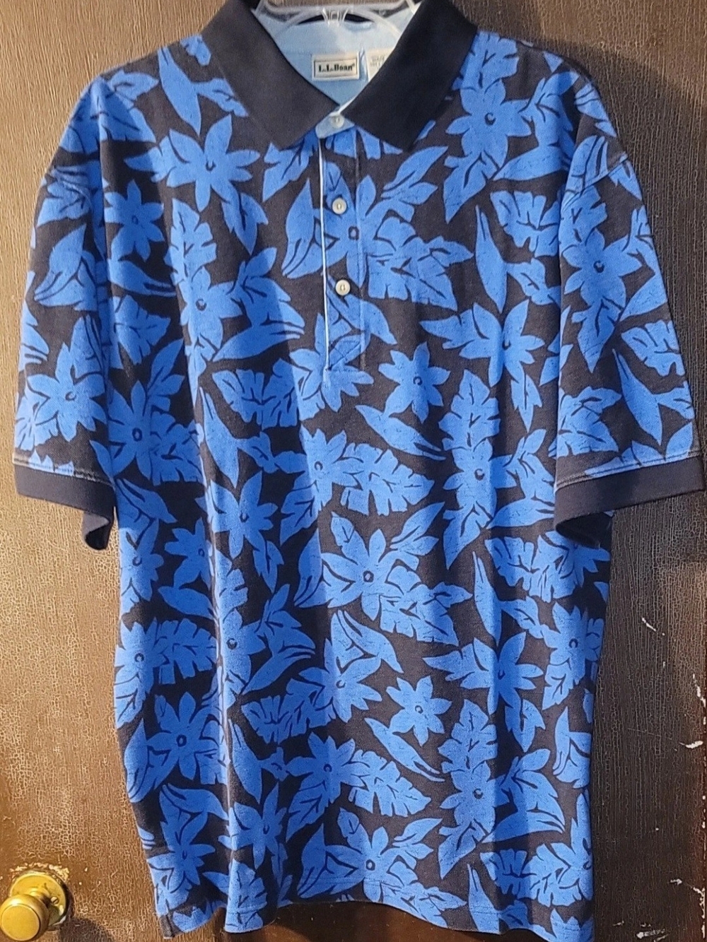 Vintage L.L. Bean Blue Polo with Bright Blue Floral Print XL